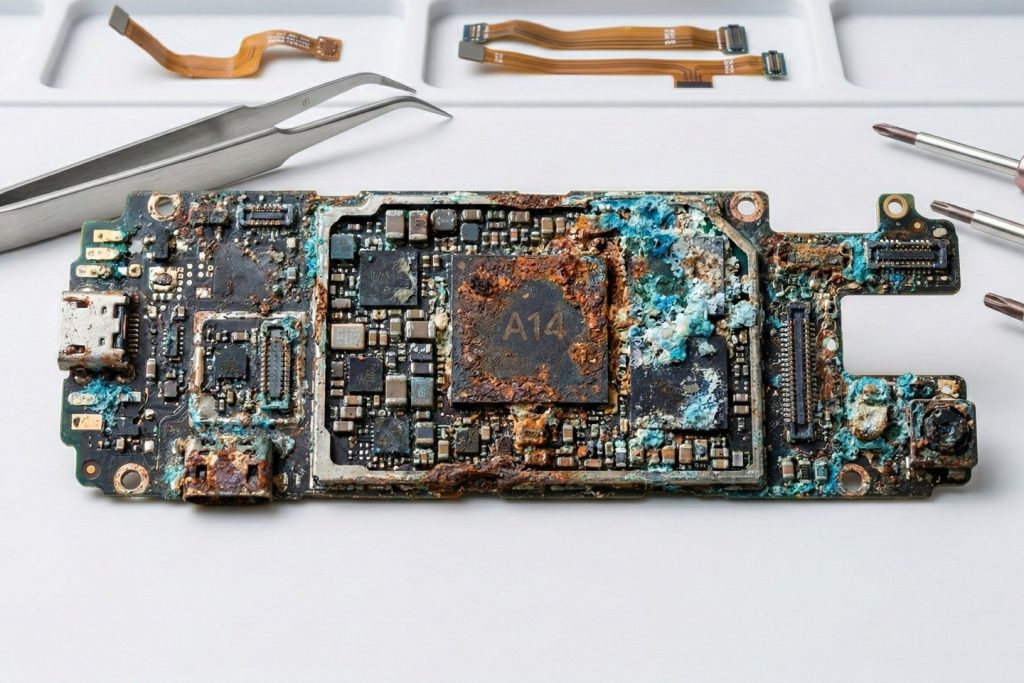 apple a14 logic board covered in corrosion